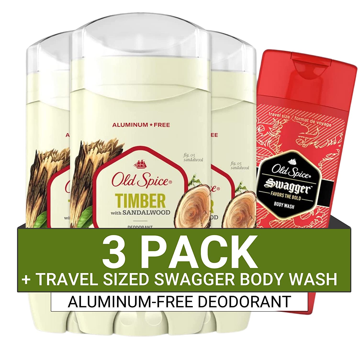 230816075626776_1 Old Spice Men's Deodorant Aluminum-Free Timber with Sandalwood, 3.0oz Pack of 3 with Travel-Size Swagger Body Wash - Image 1